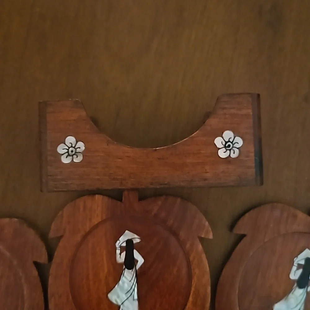 Vintage 1960s Set of Six Mother of Pearl Japanese Lady Floral Coaster Set